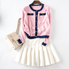 秋季甜美学院风单排扣长袖高腰短款低圆领针织粉红色女士羊绒开衫