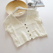 棉线针织镂空短袖，防晒短款空调衫女夏季开衫，薄款v领