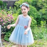 童装吊带裙蓝色背心韩版夏季网纱裙中大童连衣裙女童裙子