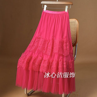 玫红色设计感刺绣网纱半身裙，女秋冬2023高腰，显瘦裙子蛋糕裙