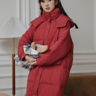 2023冬季款韩版白鸭绒(白鸭绒，)羽绒服女中长款连帽收腰加厚外套大红色棉衣