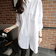 2024春季韩版宽松显瘦bf风衬衫女气质白色中长款纯棉大码长袖衬衣