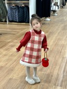 红色韩系女童格子连衣裙毛呢背心，裙小童泡泡袖毛衣针织上衣新年装