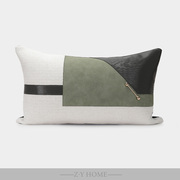 北欧现代简约样板房设计师沙发靠垫绿色麂皮绒拼接撞色轻奢风腰枕