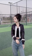 立领拼色棒球服女时尚长袖上衣，韩版2023春夏精致气质短外套潮