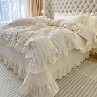 法式轻奢奶油风全棉床上四件套公主风花边被套纯棉床单夹棉床盖款