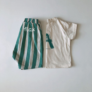 夏季男女儿童韩版字母套头短袖背心绿彩条亚麻透气短裤宝宝裤子潮