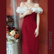 巷里法式复古红色连衣裙女夏装，赫本一字肩，拼接显瘦气质小礼服长裙