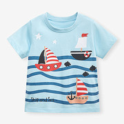 男童纯棉短袖t恤蓝色，条纹帆船夏季薄儿童装宝宝洋气圆领上衣8