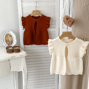 ins秋季女宝宝针织毛线，衫纯色百搭飞袖圆领，婴儿开衫马甲背心外套