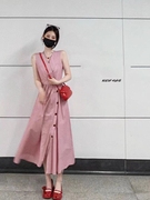 法式复古粉红色条纹v领连衣裙女夏季气质收腰无袖背心长裙子