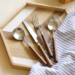 胡桃木实木餐具304不锈钢牛排叉，勺套装西餐餐勺复古餐勺汤勺