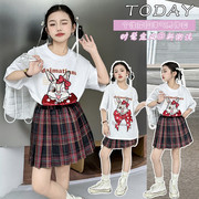 女童夏季卡通宽松短袖2024韩版格子短裙t恤女孩洋气中大童套装潮