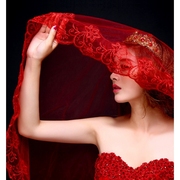 新娘结婚头纱唯美红色韩式单层婚礼蕾丝花边婚纱配件超长拖尾头纱