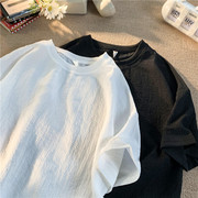 冰丝亚麻短袖t恤男士，2023夏季薄潮牌，宽松青少年白色棉麻上衣