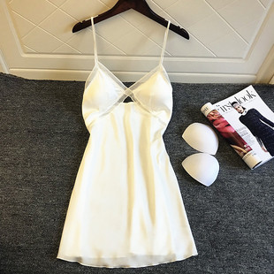 白色吊带睡衣女性感2023夏季薄款冰丝绸，蕾丝带胸垫聚拢睡裙子