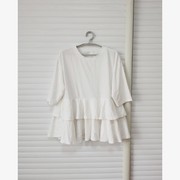 出口日本外贸原单女夏短袖(夏短袖)纯棉，t恤白色，甜美层叠荷叶边宽松裙摆式t