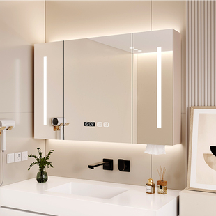奶油风实木智能，浴室镜柜挂墙式卫生间浴室镜子，洗手间置物架储物柜