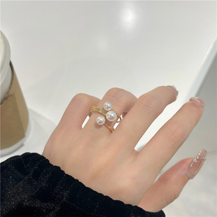 韩国复古轻奢交叉珍珠戒指女ins潮小众设计精致简约食指环戒子环