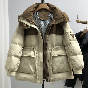 韩版撞色羽绒服女中长款加厚收腰显瘦2023洋气保暖白鸭绒(白鸭绒)外套