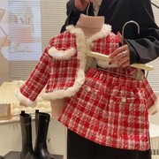 2023冬季韩版女童小香风夹棉加厚套装宝宝红色格子外套短裙潮