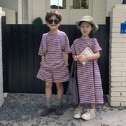 姐弟装儿童夏季条纹短袖套装2023童装女童t恤裙男童两件套潮