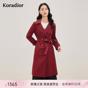 珂莱蒂尔女装秋季红色风衣，中长款薄款双排扣外套今年流行
