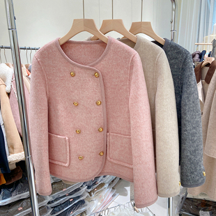 冬季双面羊绒短大衣，韩版小香风双排扣镶边羊毛外套女士小个子