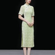 2024夏季新中式盘扣，立领珍珠花边，装饰国风绿色蕾丝旗袍裙