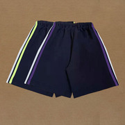 运动短裤两道杠前白后荧光，绿紫色双条学生，宽松版藏蓝色五分校服裤