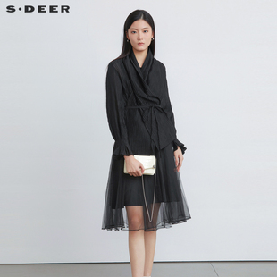 sdeer圣迪奥女装春秋肌理，收腰网纱两件套黑色，长袖连衣裙s223z128d