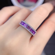 天然紫水晶戒指925银镀金开口排戒 方3*3MM优雅精致