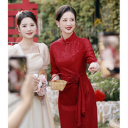 妈妈婚宴装旗袍敬酒服高贵年轻红色新中式，喜婆婆婚礼服2024