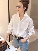 高端洋气带钻白色长袖衬衫，女夏季韩版polo领休闲百搭时尚衬衣上衣