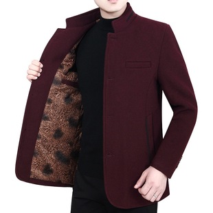 秋冬外穿中年男士酒红色毛呢夹克立领加绒加厚款休闲爸爸冬装外套