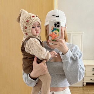 女宝宝帽子秋冬款韩版洋气公主护耳帽冬季女童婴儿手工针织毛线帽