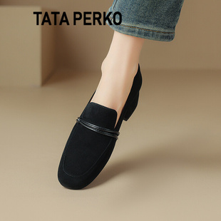 TATA PERKO联名黑色真皮方头绒面乐福鞋女中跟羊反绒单鞋复古皮鞋