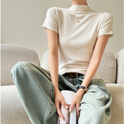 韩系春季莫代尔半高领，内搭打底衫女上衣服，修身短袖正肩t恤设计感