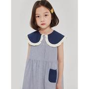 女童连衣裙夏装2023儿童，蓝色条纹纯棉甜美花边，领洋气无袖裙