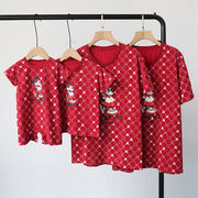婴儿亲子装夏装一家三口四口红色，满月百日米奇网红母女装短袖t恤