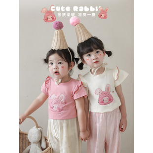 幼悠 女童T恤韩系童装卡通小兔夏装洋气套头衫儿童百搭小飞袖上衣
