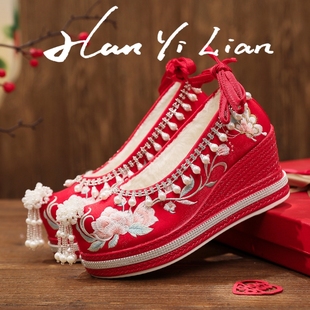 古装汉服鞋子女冬季坡跟增高秀禾服婚鞋中式红色绣花鞋配马面裙鞋