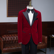 IsirHonour意式英伦宴会礼服戗驳领红色灯芯绒修身西装绅士西服男