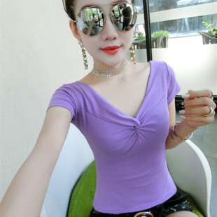 2023夏装时尚性感短袖T恤女修身纯棉半袖体恤紧身上衣紫色潮