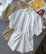 夏季女士短袖立领修身型衬纽扣显瘦衬衫咖色白色简约通勤纯色衬衣