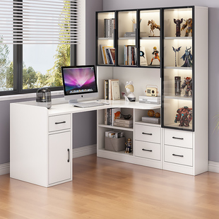 转角书桌书架一体组合实木轻奢风电脑桌家用台式办公桌学习桌书柜