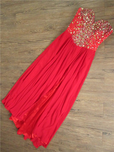 1117a大红色雪纺绑带外贸长款裙晚礼服裙宴会钉珠气质修身年会