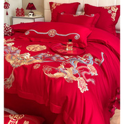 高档龙凤刺绣大红色结婚四件套床单被套纯棉中式陪嫁婚庆床上用品