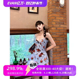 EVAN/23aw纯欲玫瑰花朵复古印花v领蓝色吊带蓬蓬裙显瘦短裙连衣裙