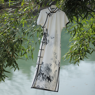 江南絮|不染心，|夏季旗袍黑白水墨，新中式连衣裙清冷气质日常